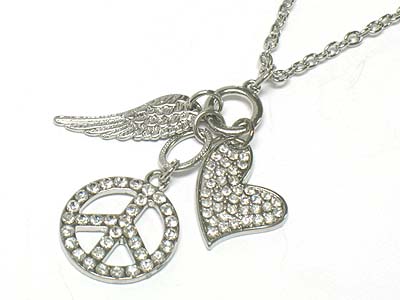 Crystal paved peace and wing and heart charm necklace 