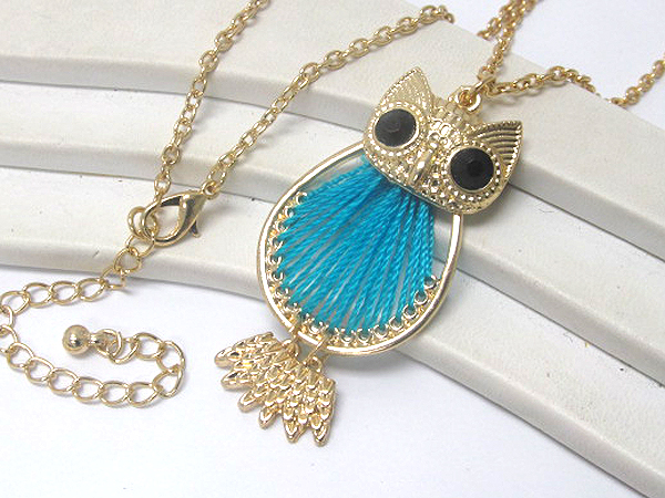 Braided thread on metal crystal eyes owl drop chain necklace