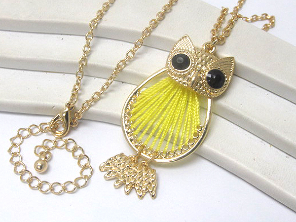 Braided thread on metal crystal eyes owl drop chain necklace