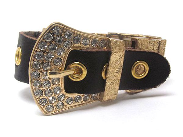 Belt shape leather and crystal metal stretch bracelet