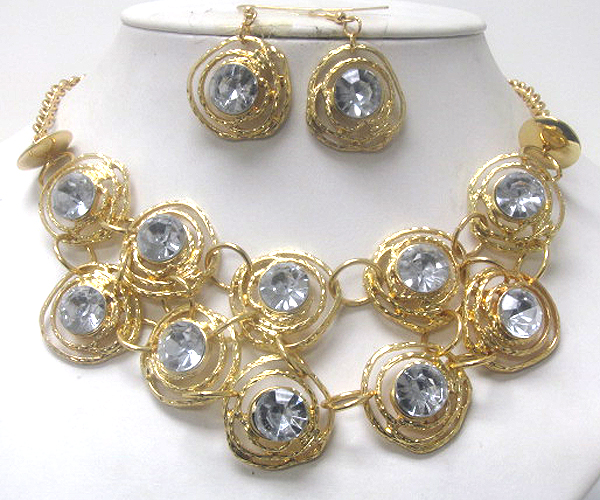 Multi crystal fashion round metal with coneted rings necklace earring set