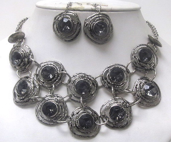 Multi crystal fashion round metal with coneted rings necklace earring set