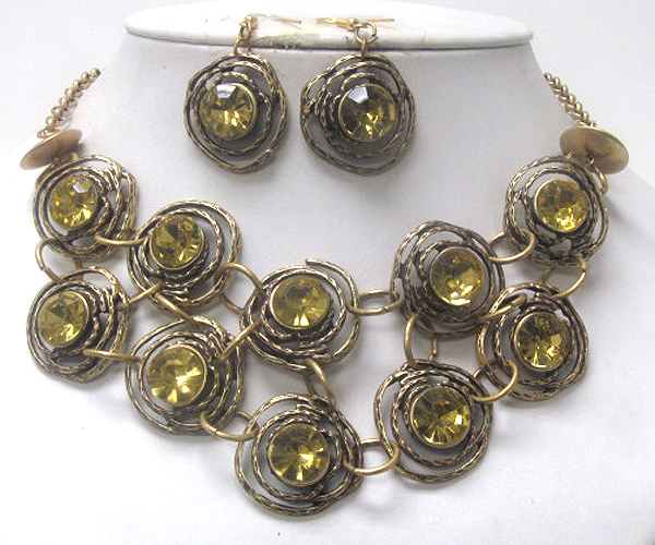 Multi crystal fashion patern round metal with coneted rings necklace earring set