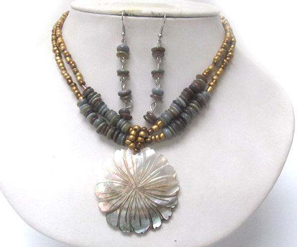 Multi chip stone drop disk flower shell chain necklace earring set