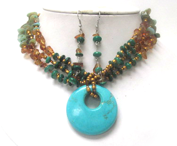 Multi seed beads and chip stone drop round natural stone chain necklace earring set