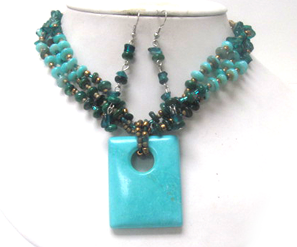 Multi seed beads and chip stone drop square natural stone chain necklace earring set