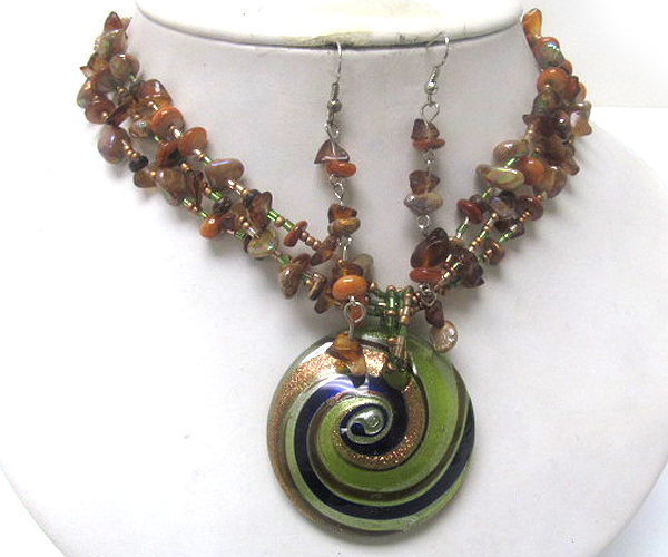 Multi seed bead and chip stone drop round murano glass necklace earring set