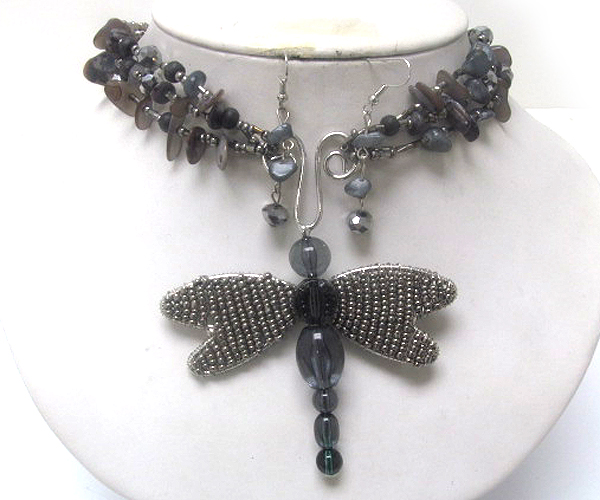 Multi seed beads and drop dragonfly and seed beads wings with acry body necklace earring set