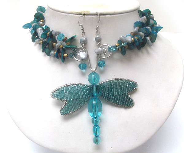 Multi seed beads and drop dragonfly and seed beads wings with acry body necklace earring set