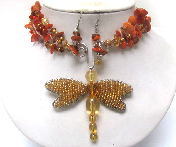 Multi seed beads and drop dragonfly and seed beads wings with acry body necklace earring set