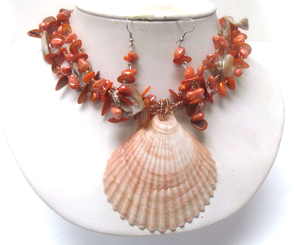 Three layer chip stone and seed beads with sea shell drop large shell necklace earring set