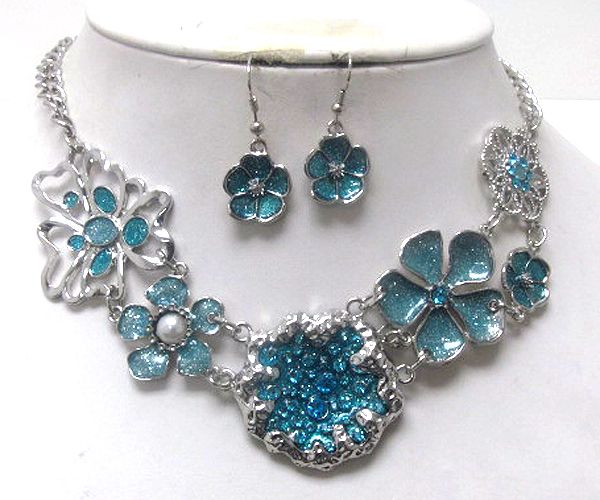 Crystal and pearl and glittering fashion metal flowers drop chain necklace earring set