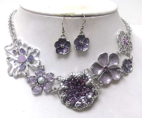 Crystal and pearl and glittering fashion metal flowers drop chain necklace earring set