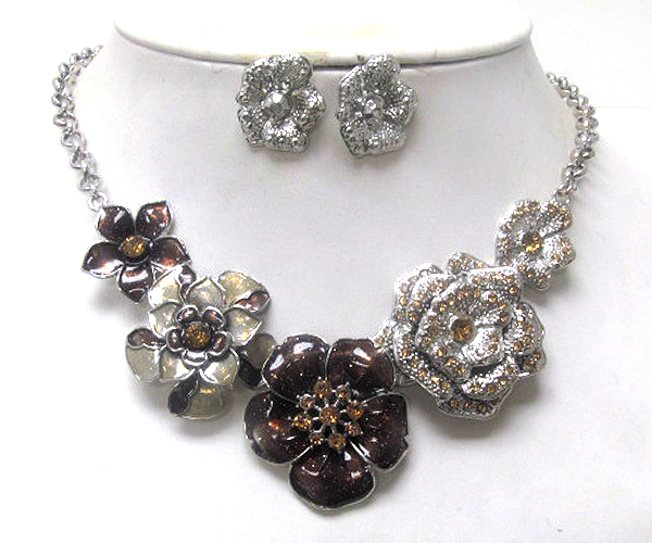 Five crystal metal and glittering flower patern acry flower chain necklace earring set