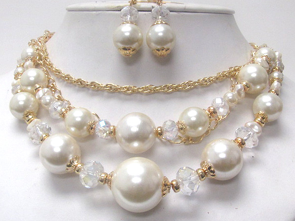 Double layer multi pearl drop with metal ring with glass stone and small pearls chain necklace earring set