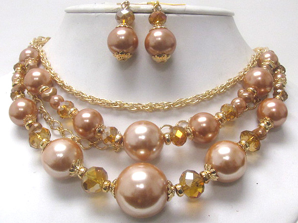 Double layer multi pearl drop with metal ring with glass stone and small pearls chain necklace earring set