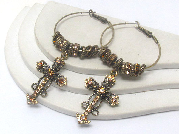 Multi crystal rondelles and metal ring with crystal cross hoop earring  - hoops