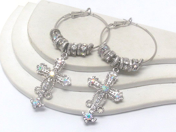 Multi crystal rondelles and metal ring with crystal cross hoop earring  - hoops