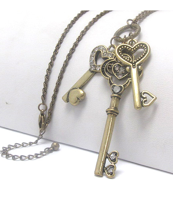 Crystal deco three key link long chain necklace