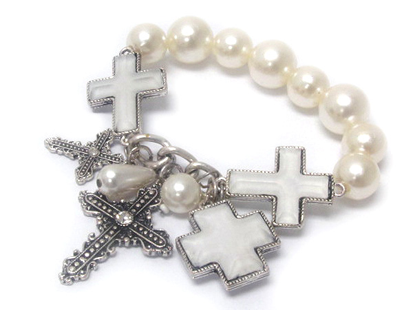 Crystal metal cross and acryl cross with multi pearls charm chain stretch bracelet