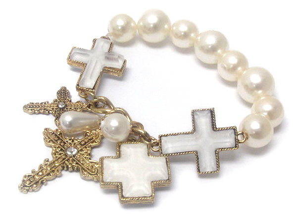 Crystal metal cross and acryl cross with multi pearls charm chain stretch bracelet