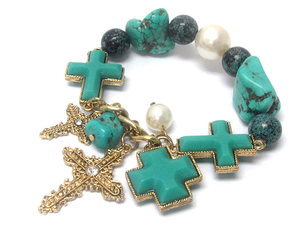 Crystal metal cross and acryl cross with pearls and natural stone charm chain stretch bracelet