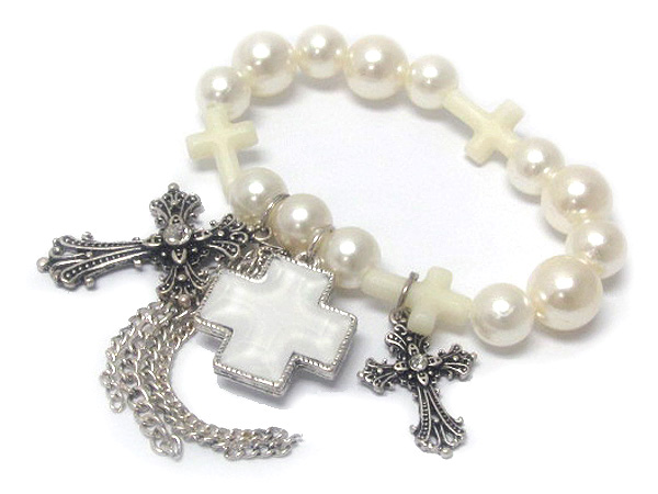 Multi pearls drop with acryl fashion cross and chain metal cross charm stretch bracelet