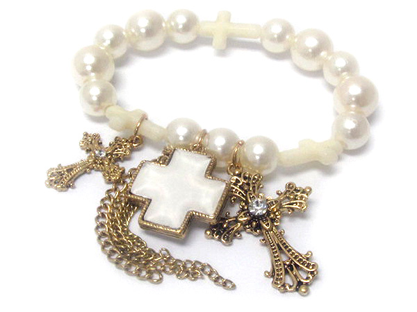 Multi pearls drop with acryl fashion cross and chain metal cross charm stretch bracelet