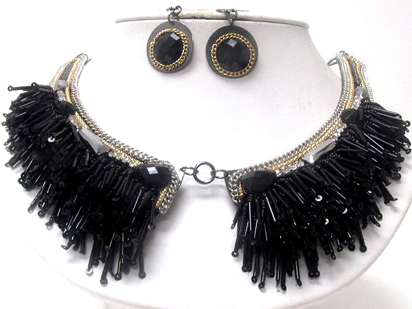 Two crystal large fashion horns inside multi seed beads with multi acryl tubs and metal chain inside drop necklace earring set