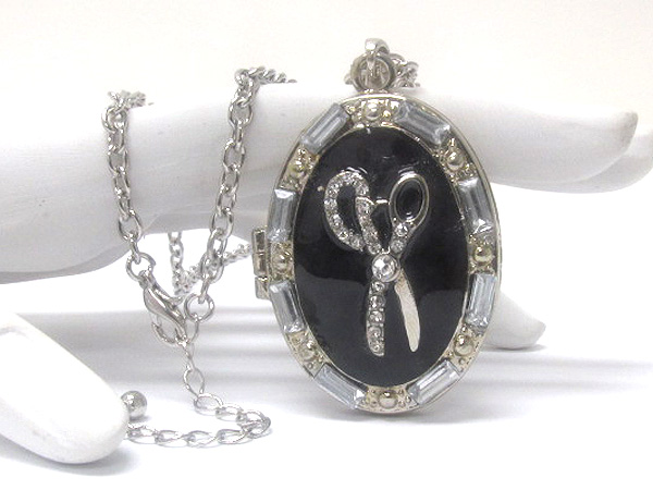 Multi crystal epoxy scissors locket long chain necklace