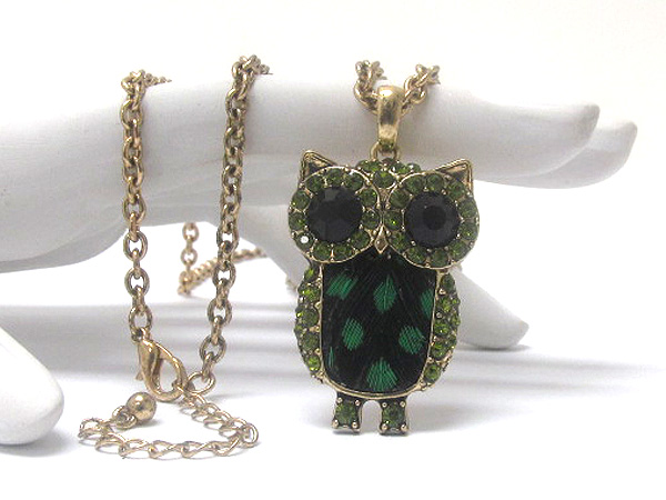 Metal crystal owl eyes with feather body drop long chain necklace