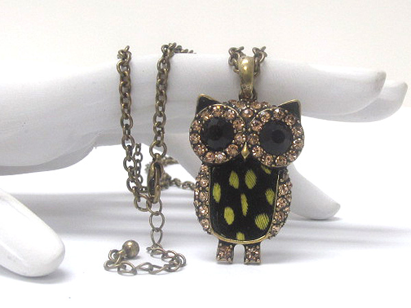 Metal crystal owl eyes with feather body drop long chain necklace