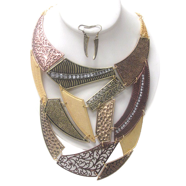 Crystal achitectural multi size hammered textured metal disk chain necklace earring set