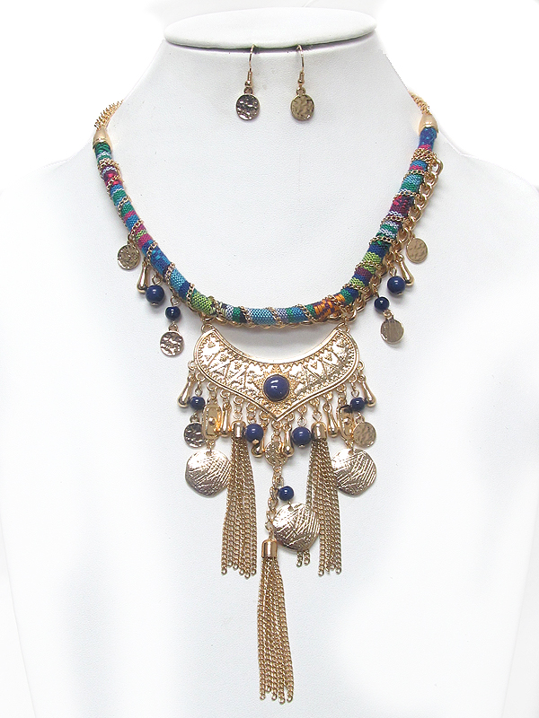 Tribal style chain and tassel drop necklace set