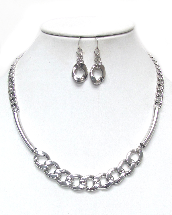 Single thick metal chain and tube mix necklace earring set