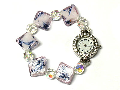 Crystal face and glass square and acrylic bead stretch watch