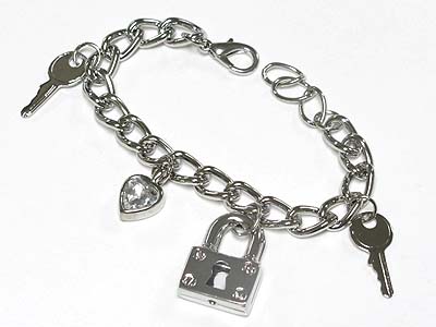 Crystal heart and lock and key charm dangle chain bracelet