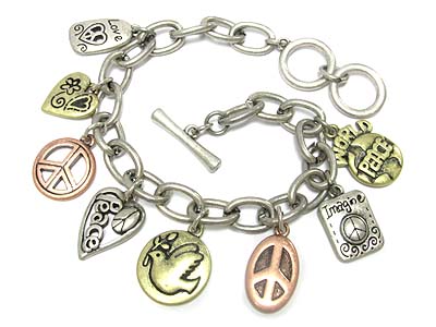 Tri tone burnish metal peace theme charm bracelet