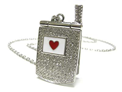 Crystal stud miniature filp cell phone pendant long necklace