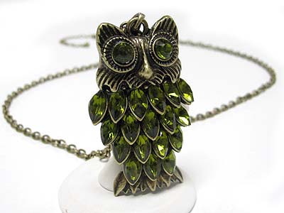 Crystal eye and feather owl pendant long necklace