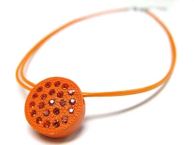 Crystal stud enamel metal round pendant cord necklace