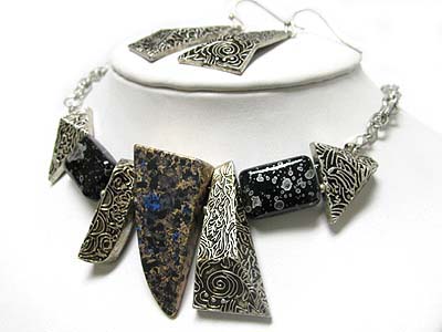 Modern art style metal and stone necklace earring set