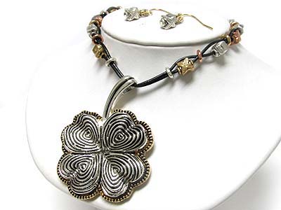 Metallic four leaves clover pendant tri tone beads and cord necklace earring set