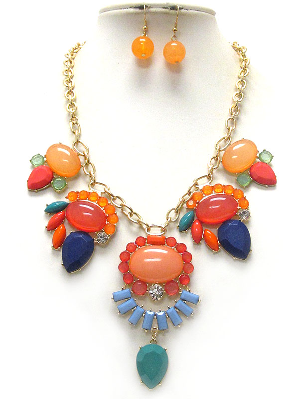 Crystal and multi puffy acrylic stone flower drop necklace earring set