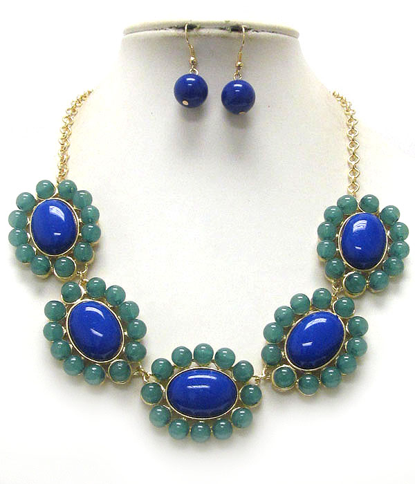 Multi puffy acrylic oval stone flower link necklace earring set