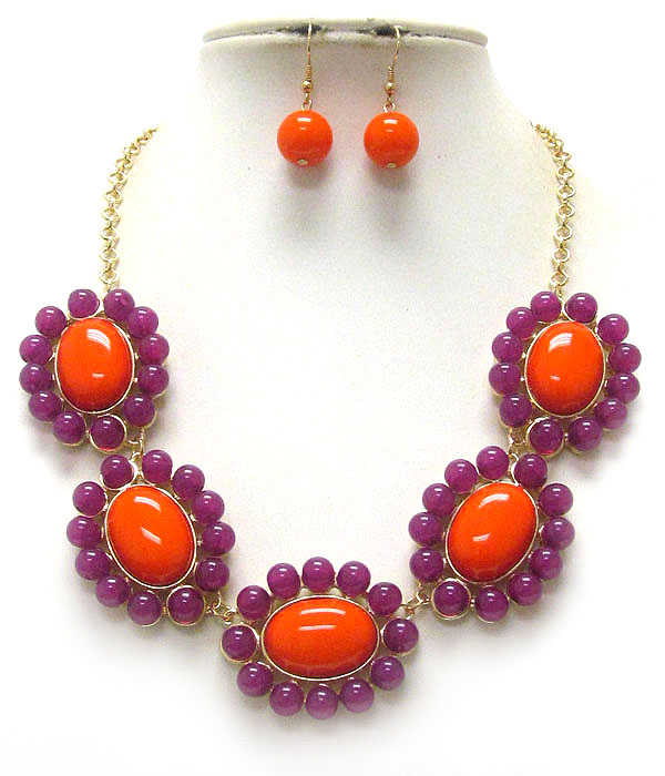 Multi puffy acrylic oval stone flower link necklace earring set