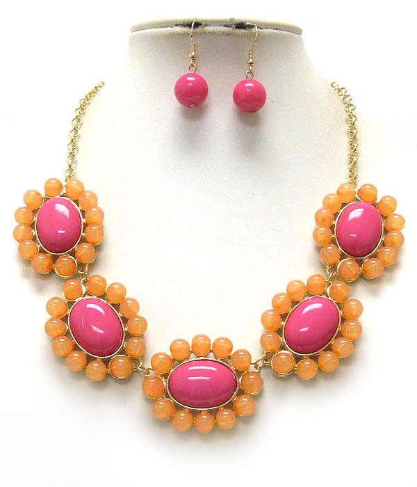 Multi puffy acrylic oval stone flower link necklace earring set