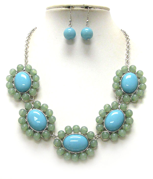 Multi puffy acrylic oval stone flower link necklace earring set