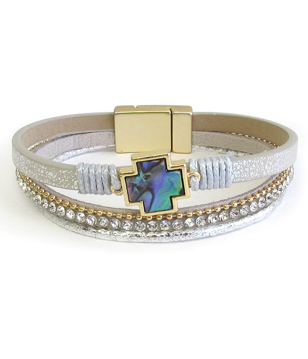 Multi layer leatherette magnetic bracelet - abalone cross