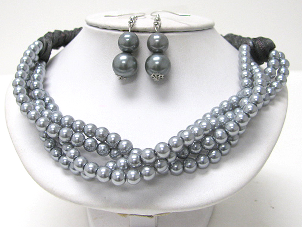 Multi braided pearl chain and fabric back necklace earring set